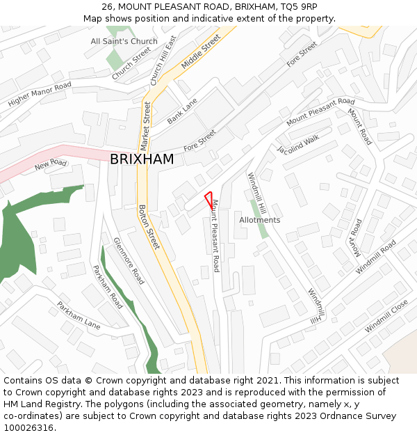 26, MOUNT PLEASANT ROAD, BRIXHAM, TQ5 9RP: Location map and indicative extent of plot