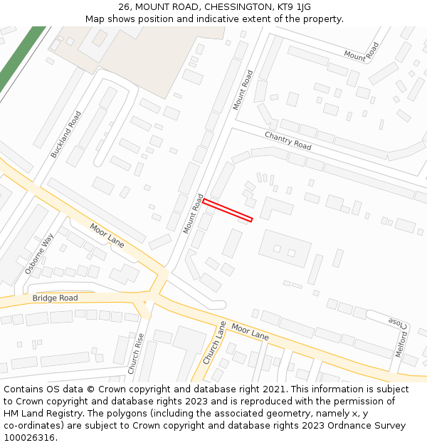 26, MOUNT ROAD, CHESSINGTON, KT9 1JG: Location map and indicative extent of plot