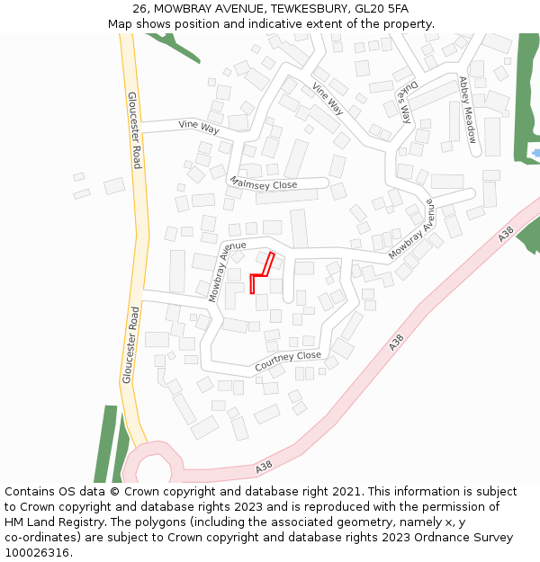 26, MOWBRAY AVENUE, TEWKESBURY, GL20 5FA: Location map and indicative extent of plot