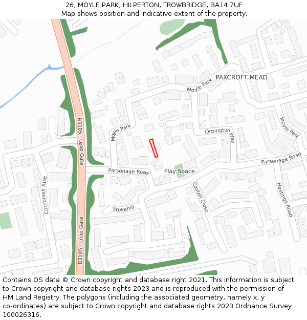 26, MOYLE PARK, HILPERTON, TROWBRIDGE, BA14 7UF: Location map and indicative extent of plot