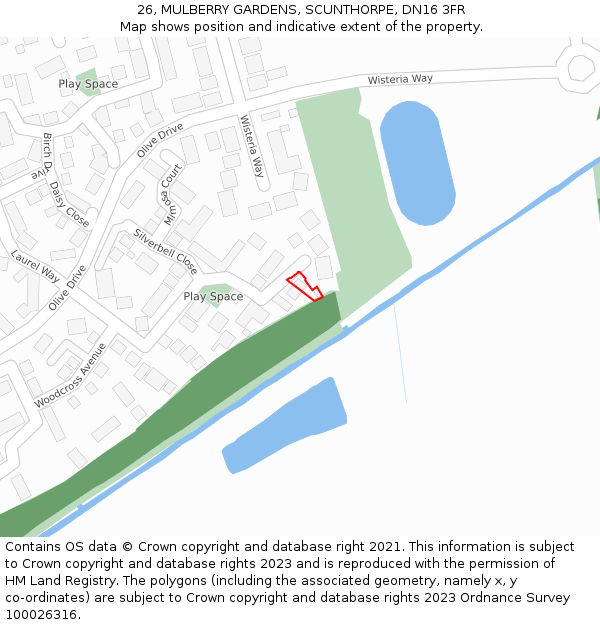 26, MULBERRY GARDENS, SCUNTHORPE, DN16 3FR: Location map and indicative extent of plot
