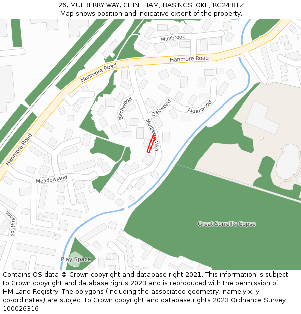 26, MULBERRY WAY, CHINEHAM, BASINGSTOKE, RG24 8TZ: Location map and indicative extent of plot