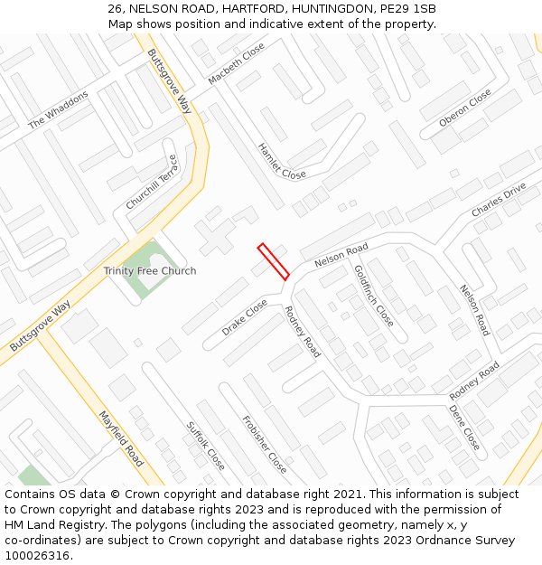 26, NELSON ROAD, HARTFORD, HUNTINGDON, PE29 1SB: Location map and indicative extent of plot