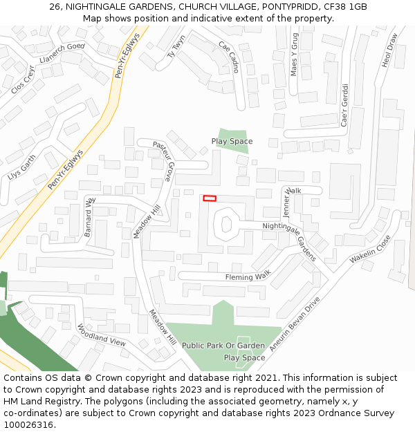 26, NIGHTINGALE GARDENS, CHURCH VILLAGE, PONTYPRIDD, CF38 1GB: Location map and indicative extent of plot