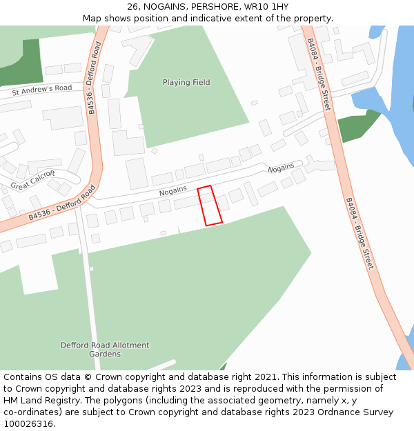 26, NOGAINS, PERSHORE, WR10 1HY: Location map and indicative extent of plot