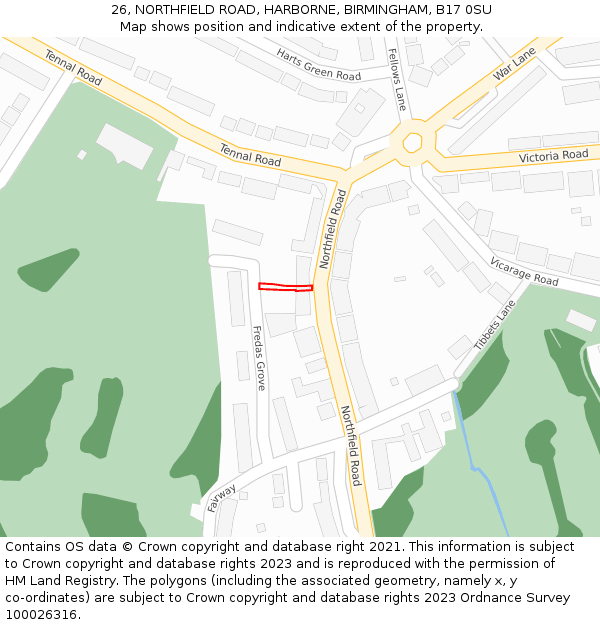 26, NORTHFIELD ROAD, HARBORNE, BIRMINGHAM, B17 0SU: Location map and indicative extent of plot