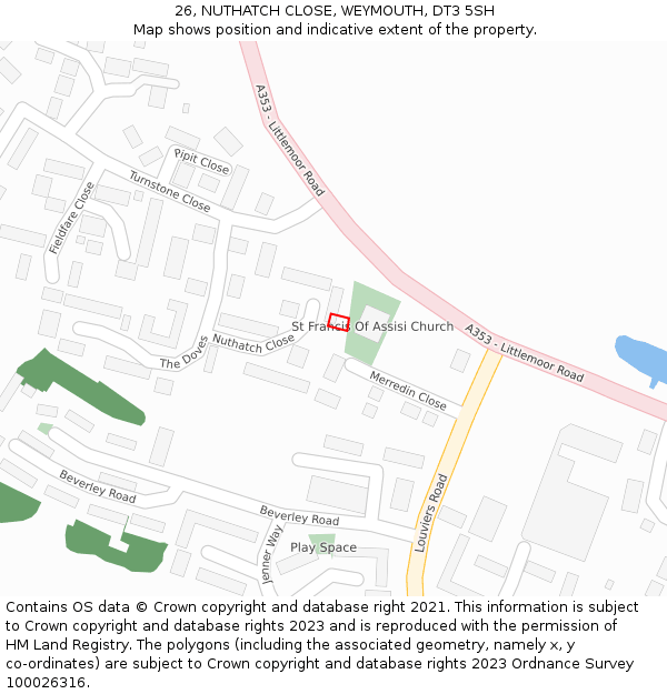 26, NUTHATCH CLOSE, WEYMOUTH, DT3 5SH: Location map and indicative extent of plot