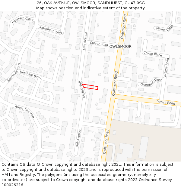 26, OAK AVENUE, OWLSMOOR, SANDHURST, GU47 0SG: Location map and indicative extent of plot