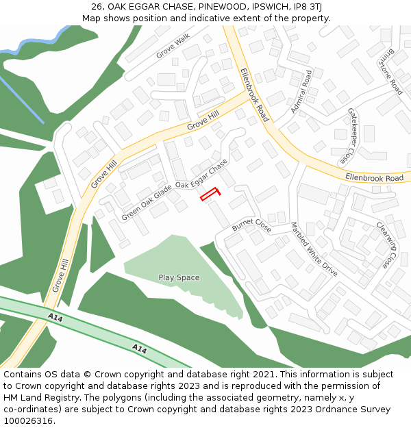 26, OAK EGGAR CHASE, PINEWOOD, IPSWICH, IP8 3TJ: Location map and indicative extent of plot
