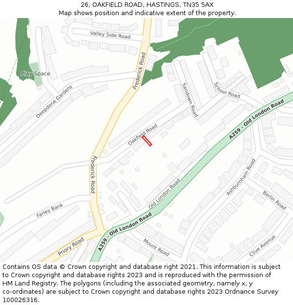 26, OAKFIELD ROAD, HASTINGS, TN35 5AX: Location map and indicative extent of plot