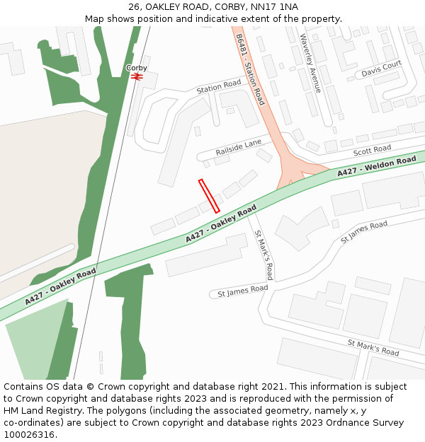 26, OAKLEY ROAD, CORBY, NN17 1NA: Location map and indicative extent of plot