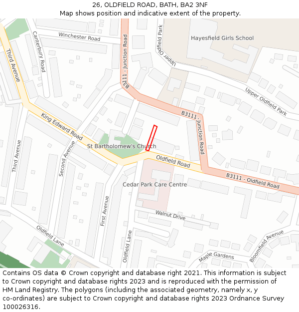 26, OLDFIELD ROAD, BATH, BA2 3NF: Location map and indicative extent of plot