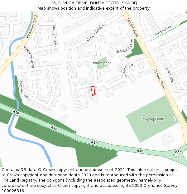 26, OLVEGA DRIVE, BUNTINGFORD, SG9 9FJ: Location map and indicative extent of plot