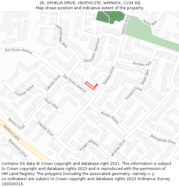 26, OPHELIA DRIVE, HEATHCOTE, WARWICK, CV34 6XJ: Location map and indicative extent of plot