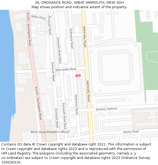 26, ORDNANCE ROAD, GREAT YARMOUTH, NR30 3DH: Location map and indicative extent of plot