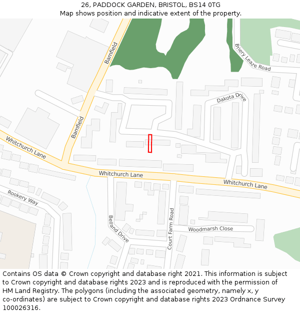 26, PADDOCK GARDEN, BRISTOL, BS14 0TG: Location map and indicative extent of plot