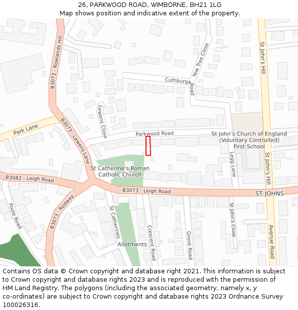 26, PARKWOOD ROAD, WIMBORNE, BH21 1LG: Location map and indicative extent of plot