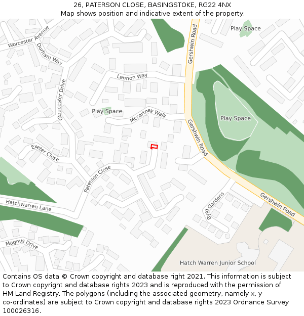 26, PATERSON CLOSE, BASINGSTOKE, RG22 4NX: Location map and indicative extent of plot
