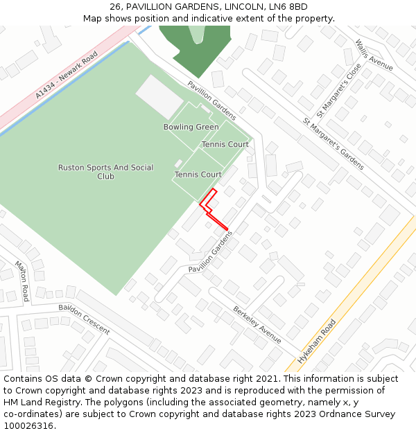 26, PAVILLION GARDENS, LINCOLN, LN6 8BD: Location map and indicative extent of plot