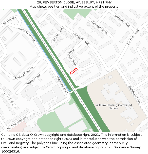 26, PEMBERTON CLOSE, AYLESBURY, HP21 7NY: Location map and indicative extent of plot
