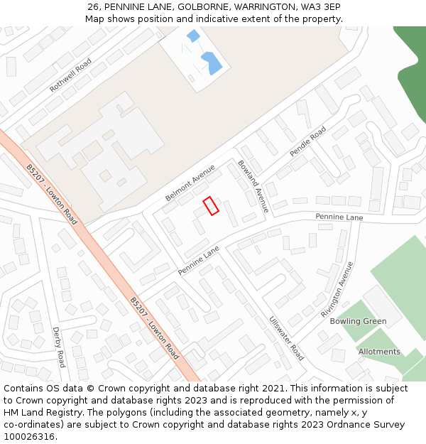 26, PENNINE LANE, GOLBORNE, WARRINGTON, WA3 3EP: Location map and indicative extent of plot