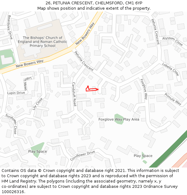 26, PETUNIA CRESCENT, CHELMSFORD, CM1 6YP: Location map and indicative extent of plot