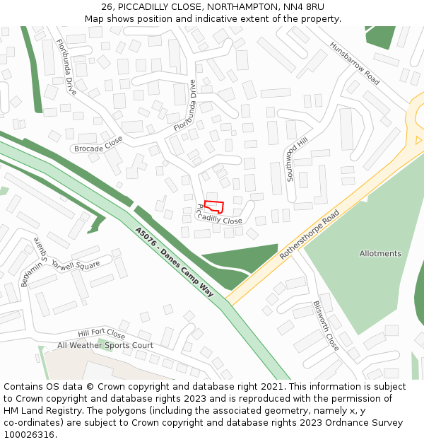 26, PICCADILLY CLOSE, NORTHAMPTON, NN4 8RU: Location map and indicative extent of plot