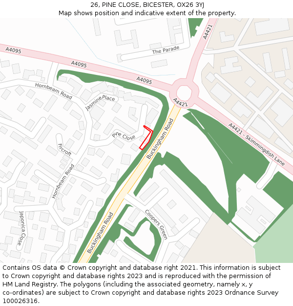 26, PINE CLOSE, BICESTER, OX26 3YJ: Location map and indicative extent of plot