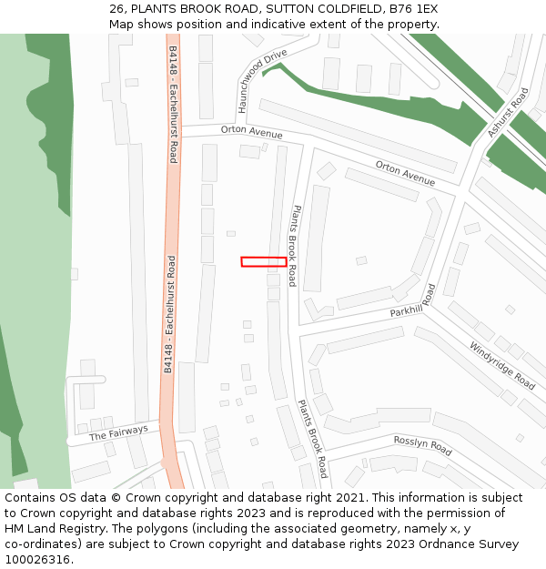 26, PLANTS BROOK ROAD, SUTTON COLDFIELD, B76 1EX: Location map and indicative extent of plot