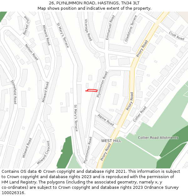 26, PLYNLIMMON ROAD, HASTINGS, TN34 3LT: Location map and indicative extent of plot