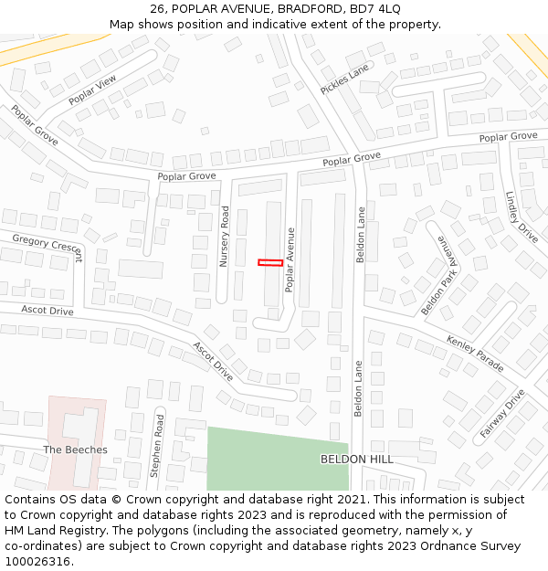 26, POPLAR AVENUE, BRADFORD, BD7 4LQ: Location map and indicative extent of plot