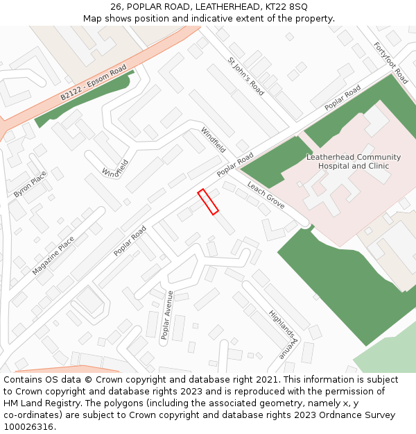26, POPLAR ROAD, LEATHERHEAD, KT22 8SQ: Location map and indicative extent of plot