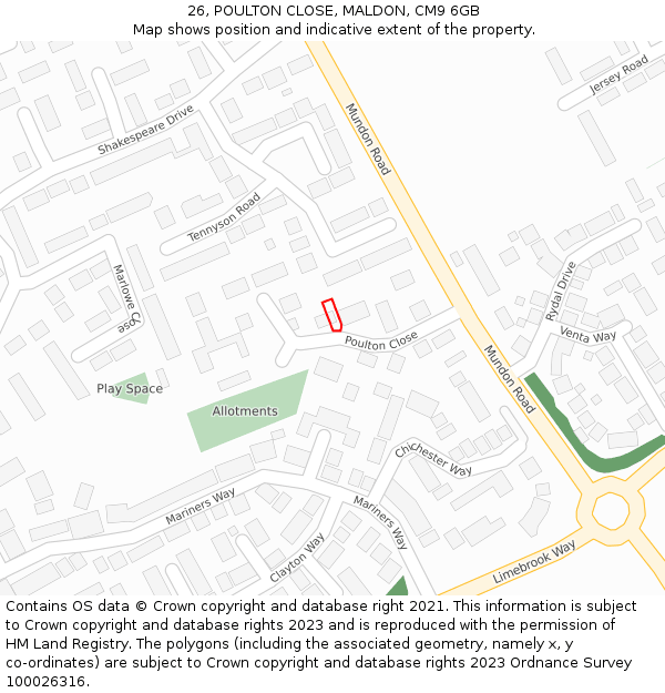 26, POULTON CLOSE, MALDON, CM9 6GB: Location map and indicative extent of plot