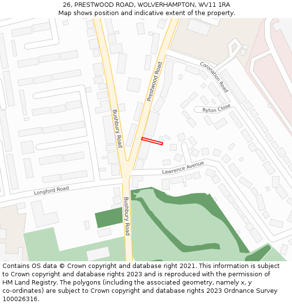 26, PRESTWOOD ROAD, WOLVERHAMPTON, WV11 1RA: Location map and indicative extent of plot