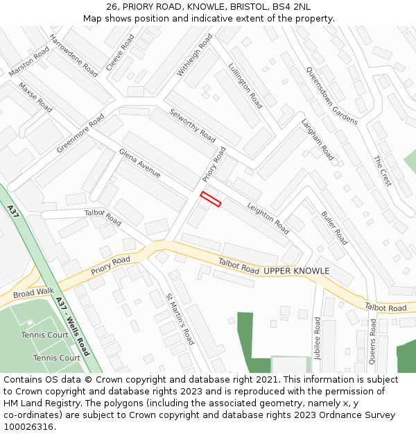 26, PRIORY ROAD, KNOWLE, BRISTOL, BS4 2NL: Location map and indicative extent of plot