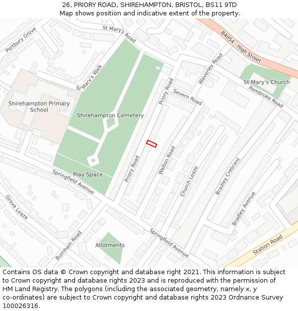 26, PRIORY ROAD, SHIREHAMPTON, BRISTOL, BS11 9TD: Location map and indicative extent of plot