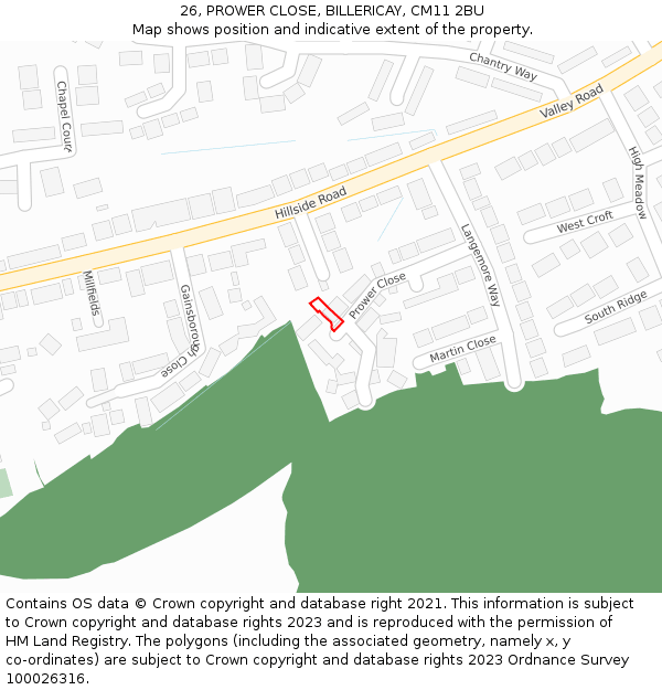 26, PROWER CLOSE, BILLERICAY, CM11 2BU: Location map and indicative extent of plot