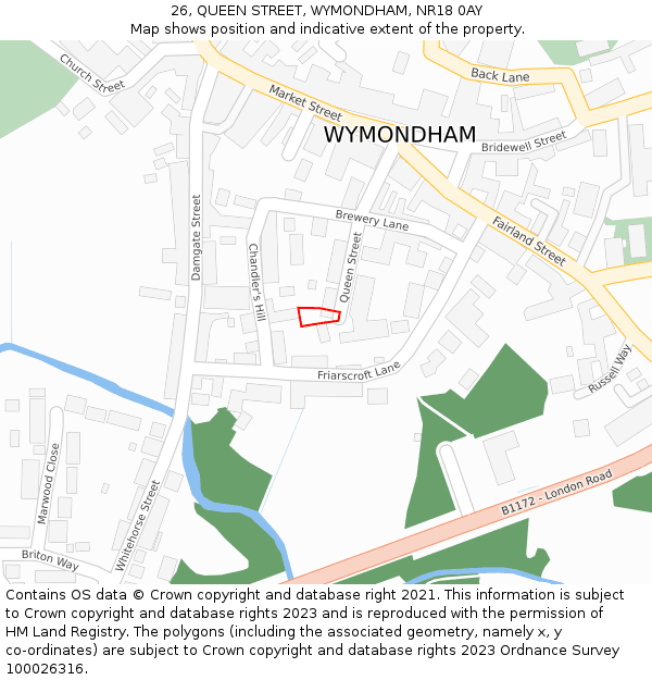 26, QUEEN STREET, WYMONDHAM, NR18 0AY: Location map and indicative extent of plot