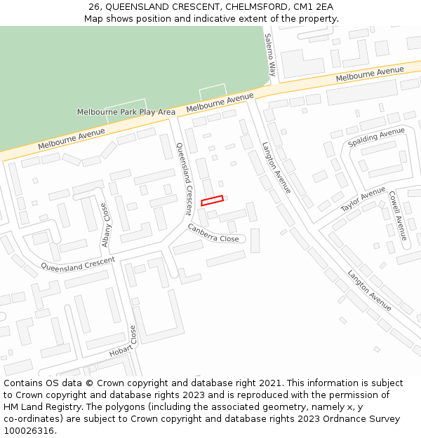 26, QUEENSLAND CRESCENT, CHELMSFORD, CM1 2EA: Location map and indicative extent of plot