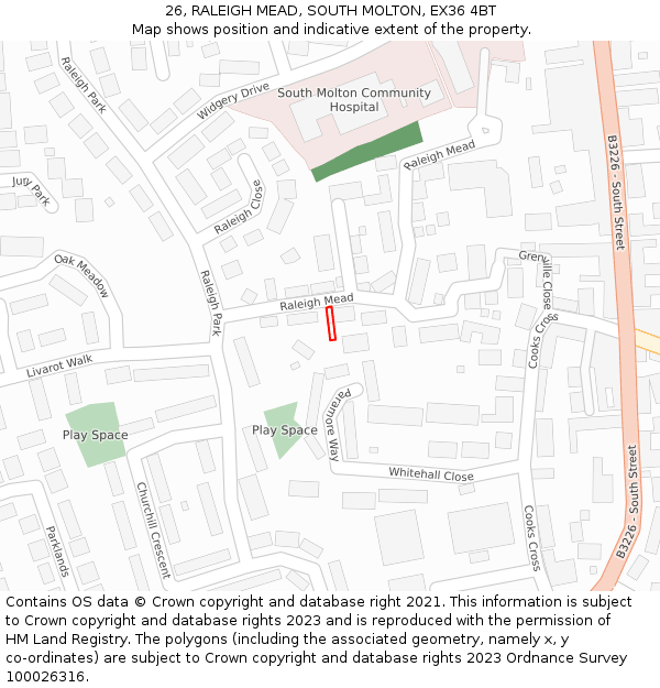 26, RALEIGH MEAD, SOUTH MOLTON, EX36 4BT: Location map and indicative extent of plot