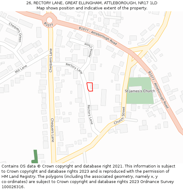 26, RECTORY LANE, GREAT ELLINGHAM, ATTLEBOROUGH, NR17 1LD: Location map and indicative extent of plot