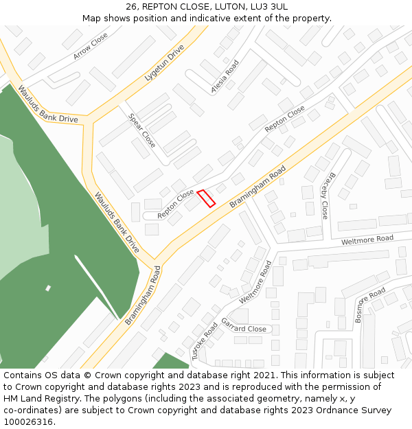26, REPTON CLOSE, LUTON, LU3 3UL: Location map and indicative extent of plot