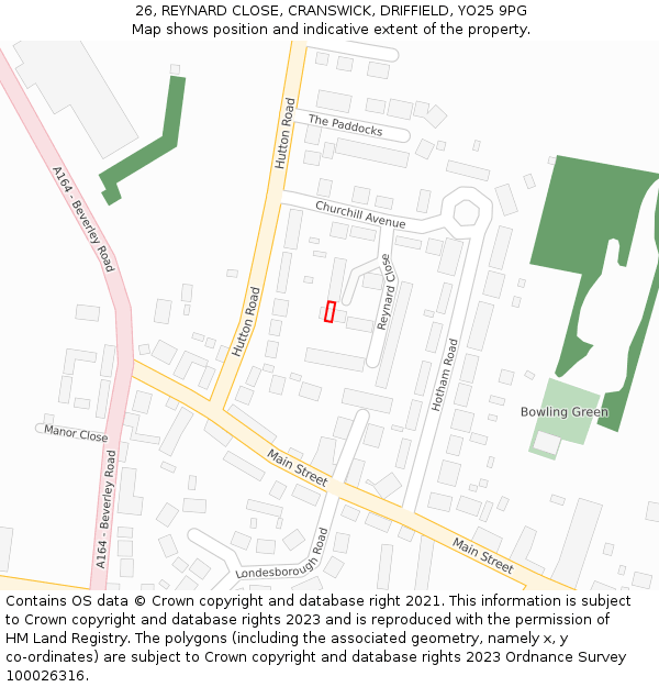 26, REYNARD CLOSE, CRANSWICK, DRIFFIELD, YO25 9PG: Location map and indicative extent of plot