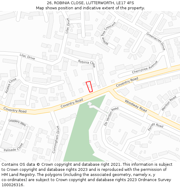 26, ROBINIA CLOSE, LUTTERWORTH, LE17 4FS: Location map and indicative extent of plot