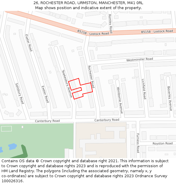26, ROCHESTER ROAD, URMSTON, MANCHESTER, M41 0RL: Location map and indicative extent of plot