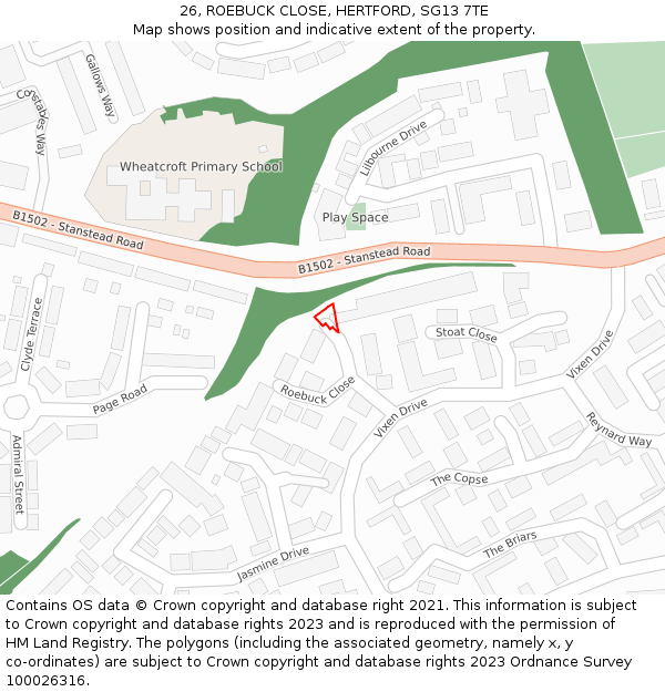 26, ROEBUCK CLOSE, HERTFORD, SG13 7TE: Location map and indicative extent of plot