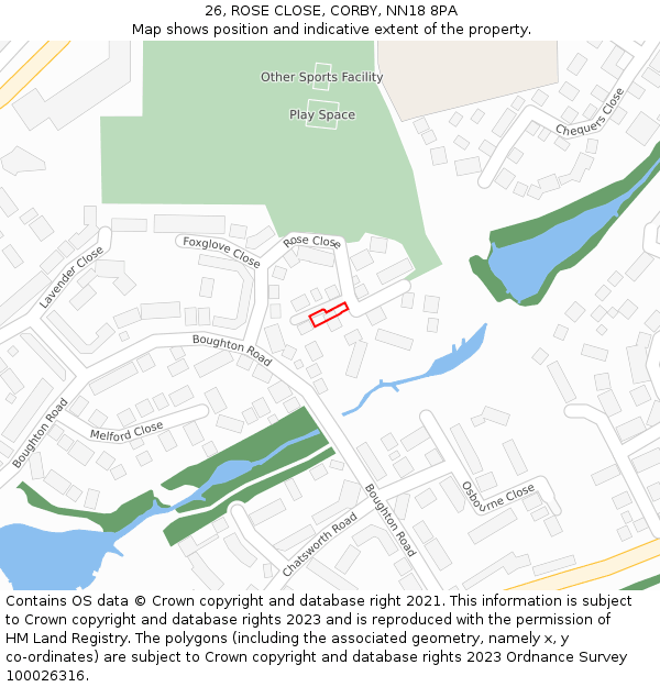 26, ROSE CLOSE, CORBY, NN18 8PA: Location map and indicative extent of plot