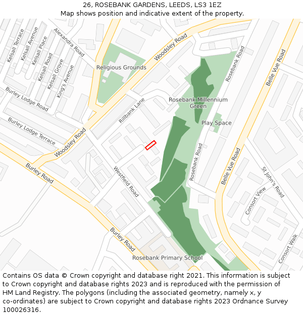 26, ROSEBANK GARDENS, LEEDS, LS3 1EZ: Location map and indicative extent of plot