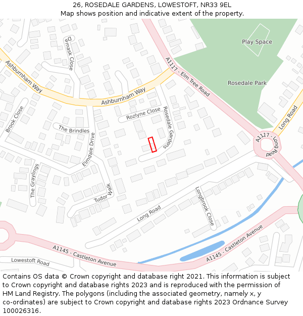 26, ROSEDALE GARDENS, LOWESTOFT, NR33 9EL: Location map and indicative extent of plot