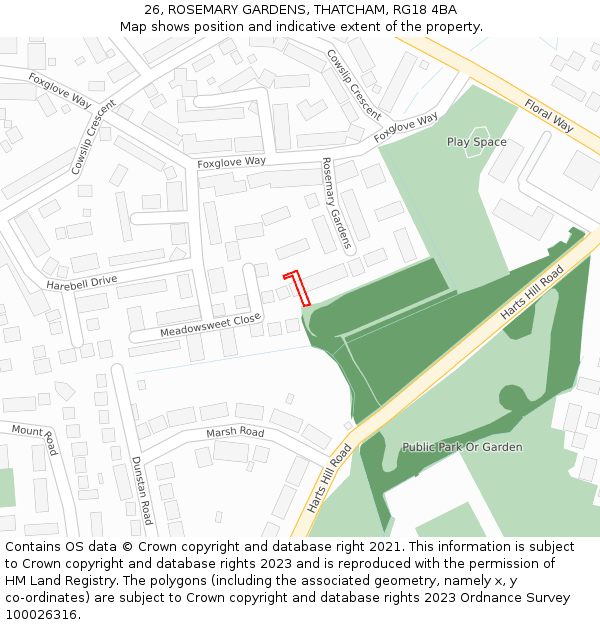 26, ROSEMARY GARDENS, THATCHAM, RG18 4BA: Location map and indicative extent of plot